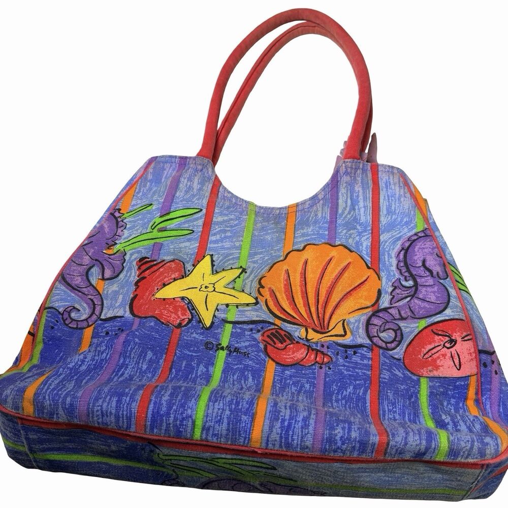 Seahorse Beach Bag Vintage Sally Huss Large Shells Resort  Starfish Red Colorful